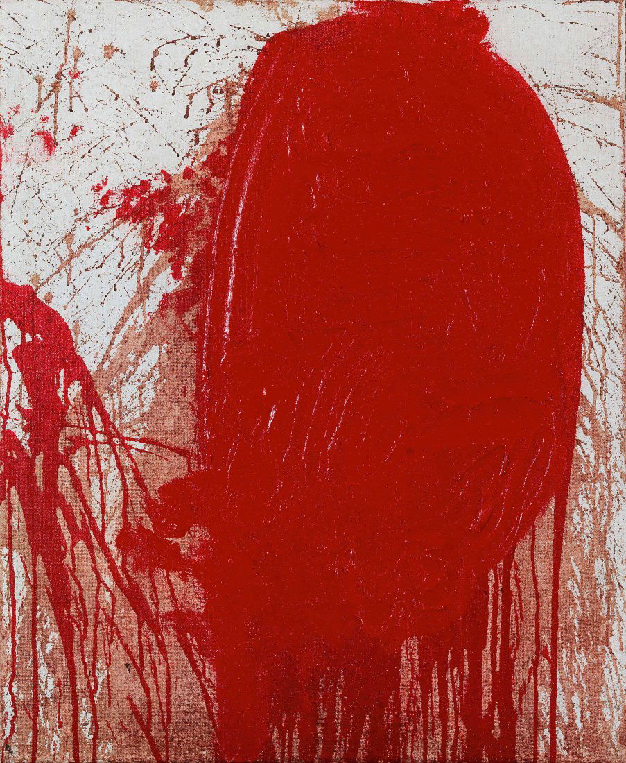 Hermann Nitsch * + (1938 Wien) Schuettbild, 2010: Hermann Nitsch * (1938 Wien) Schuettbild, 2010 Acryl mit Blut auf Jute, 100 x 80 cm Signatur Rueckseite: signiert, 2010 Bezeichnet RS Keilrahmen: K_MONIKA_10 Provenienz: Oesterreich Hermann Nitsch * (
