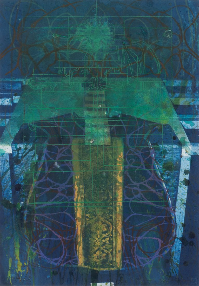 Hermann Nitsch * (1938 Wien): o. T., 2000 Druck von Kurt Zein auf BÃ¼tten, Originalgrafik Ã¼berarbeitet, aquarelliert Trockenstempel Kurt Zein, 53,5 x 37,5 cm ungerahmt Signatur vorne rechts unten: Hermann Nitsch Bezeichnung v