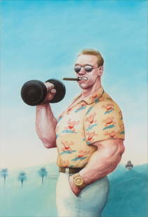Manfred Deix * (1949 St. Pölten - 2016 Klosterneuburg): Arnold Schwarzenegger, 2007 Aquarell, 40 x 28 cm gerahmt, Maß mit Rahmen 71 x 50,5 cm Originalbild des Buchcovers Arnold Schwazenegger, Die nackte Wahrheit, 2007 Arnold Schwarzenegger, 2007 waterco
