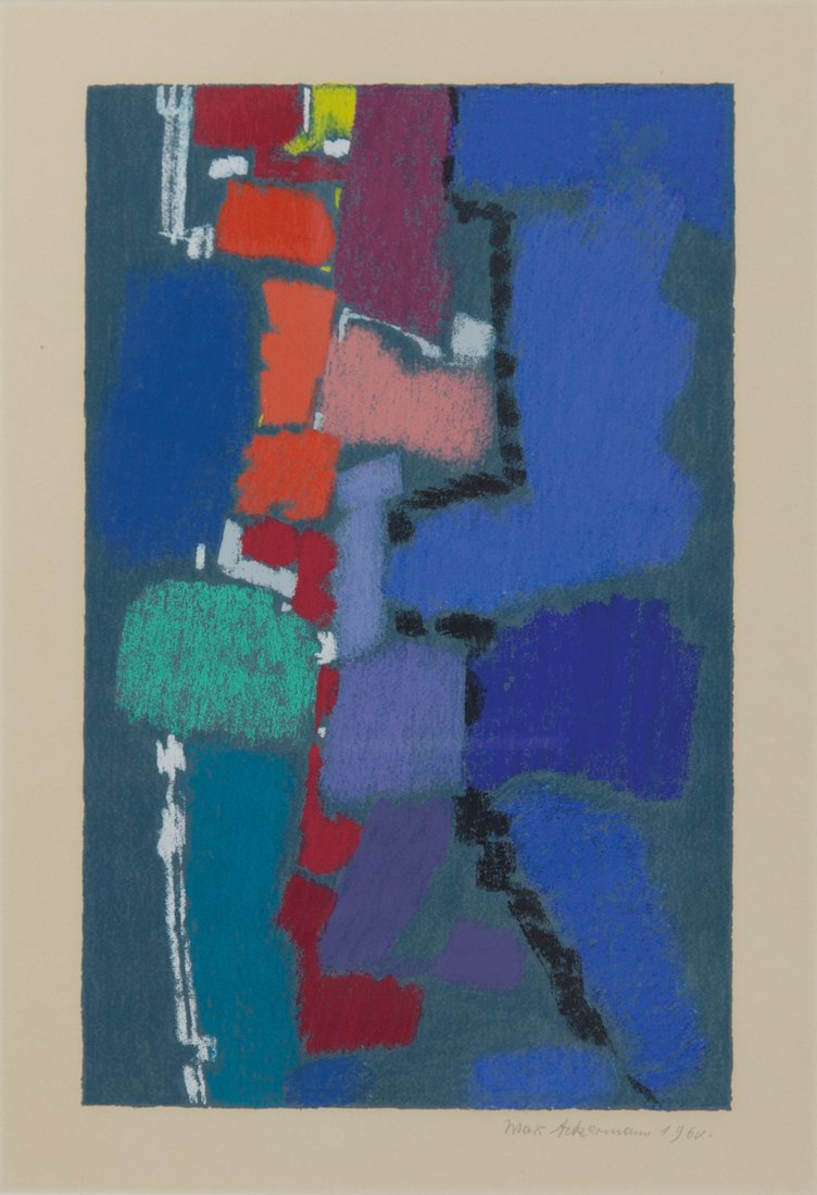 Max Ackermann * (1887 Berlin - 1975 Unterlengenhardt): o. T., 1960 FarbÃ¶lkreide auf Papier, 57,5 x 39 cm gerahmt, MaÃŸ mit Rahmen 83,5 x 65 cm Signatur vorne rechts unten: Max Ackermann 1960 untitled, 1960 Crayon on paper, 57,5 x 39 cm framed, size w