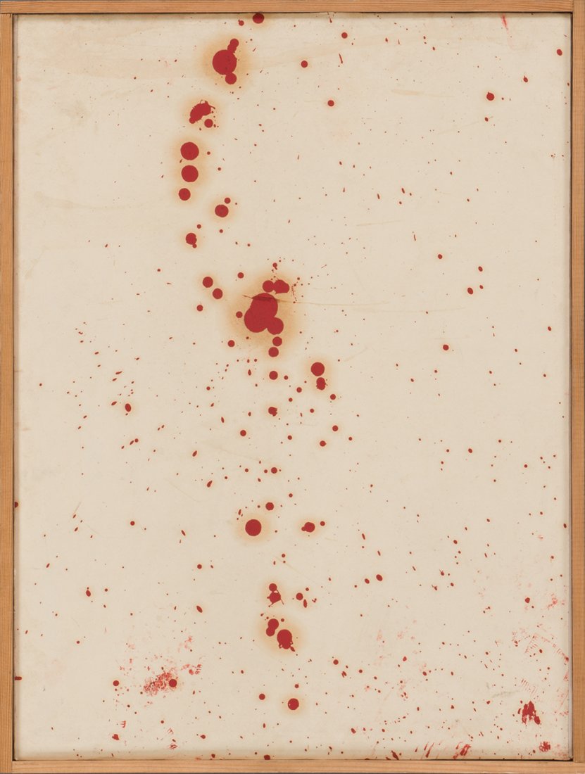 Hermann Nitsch * (1938 Wien): o. T., ca. 1983 Ã–l auf Karton auf Leinen, 57,5 x 43 cm gerahmt, MaÃŸ mit Rahmen 59,5 x 45 cm Bezeichnung RÃ¼ckseite Keilrahmen: Widmung, Hermann N. untitled, ca. 1983 oil on cardboard on linen