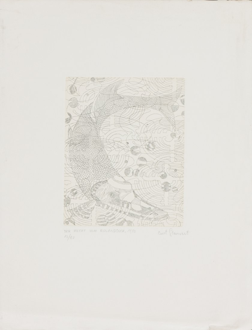 Curt Stenvert (1920 Wien - 1992 KÃ¶ln): Der Hecht vom Rolandseck, 1983 Druck, 13/80, 65,5 x 50 cm, ungerahmt Zustand: Knickspuren, BeschÃ¤digungen und ein kleiner Riss an den Kanten Signatur vorne rechts unten: Curt Stenvert Der Hecht vom
