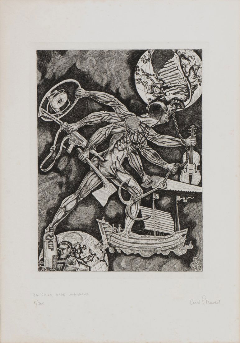 Curt Stenvert * (1920 Wien - 1992 KÃ¶ln): Zwischen Erde und Mond 8/200, 57,5 x 40 cm Zustand: vergilbt, fleckig Signatur vorne rechts unten: Curt Stenvert Bezeichnung vorne: Titel, 8/200 Zwischen Erde und Mond 8/200, 57,5 x 40 cm Condition: y