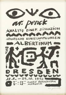 A.R. Penck (1939 Dresden): o. T. Siebdruck auf Papier, 100 x 70 cm gerahmt, Zustand: Altersspuren, fleckig Signatur vorne rechts unten: ar penck Bezeichnung vorne links unten: 45/100 untitled screen printing on paper, 100 x 70