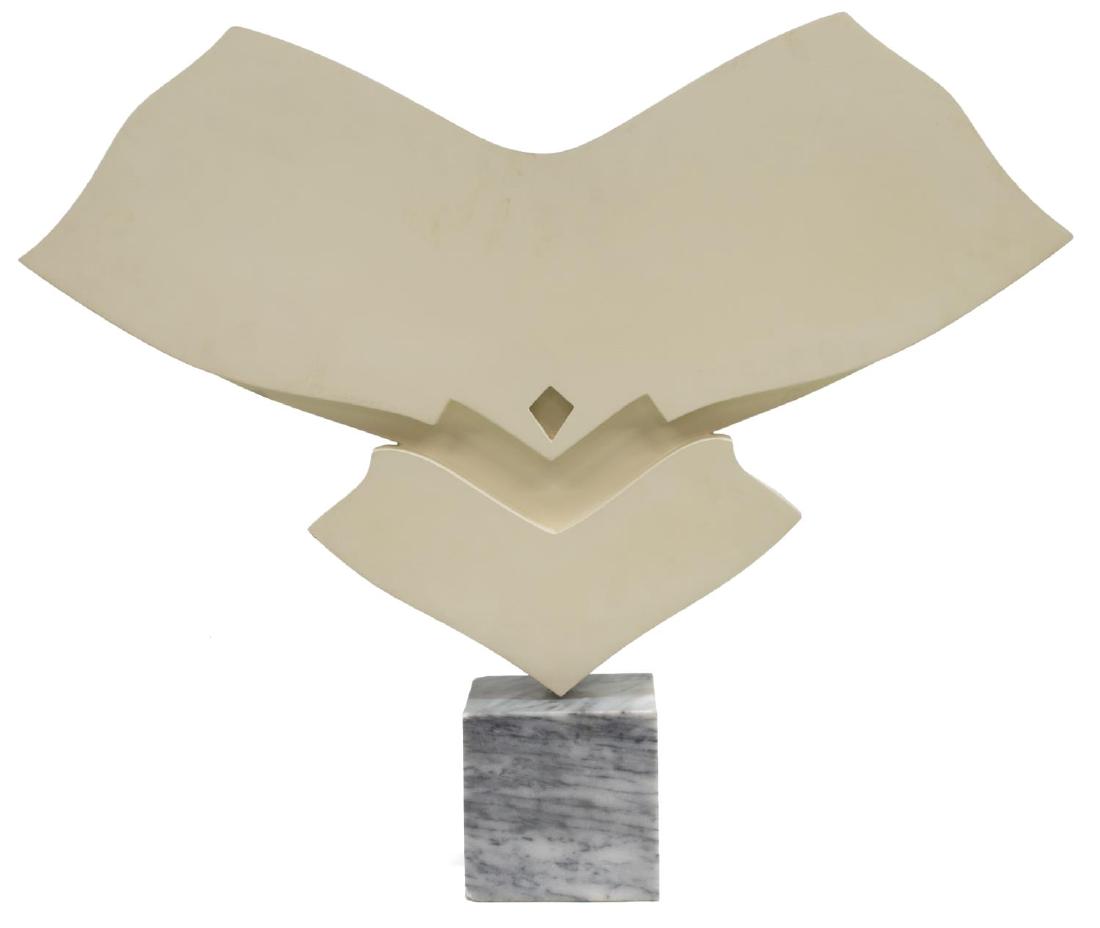 JACK YOUNGERMAN ABSTRACT SCULPTURE ON MARBLE BASE: Sculpture on marble base, Abstract Form, initialed JY (Jack Youngerman, American, b. 1922), in cream paint, rotating on a grey marble base, chips to corner, some paint chips, paint fractures at stem,