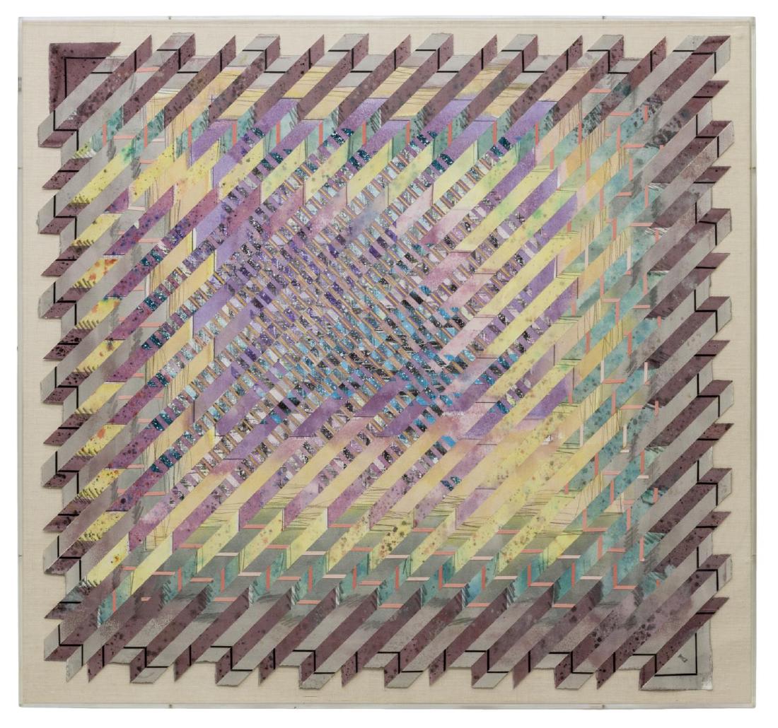 LARGE FRAMED WOVEN PAPER OP-ART, INITIALED 'TM' (1 of 3)