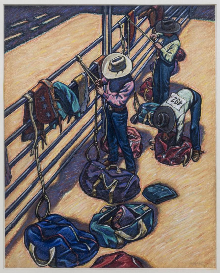 HOWARD POST (AZ B. 1948) 'THREE BULLRIDERS' PASTEL: Framed oil pastel on paper, "Three Bull Riders", signed lower right HE Post (Howard Post, AZ b. 1948), sight: 33"h, 27"w, overall: 42.5"h, 35.5"w, 19.75lbs Start Price: $500.00