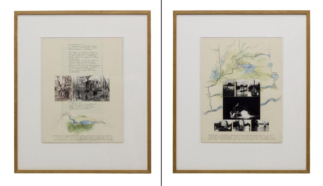 (2) ROY FRIDGE (TEXAS 1927-2007) ORIGINAL COLLAGES: (lot of 2) Framed original mixed media collages on paper, both by Roy Fridge (Texas 1927-2007), both retaining ARCO collection label verso, comprising: (1) "The Tree House"; (1) "Hog Bayou Ritual"; si
