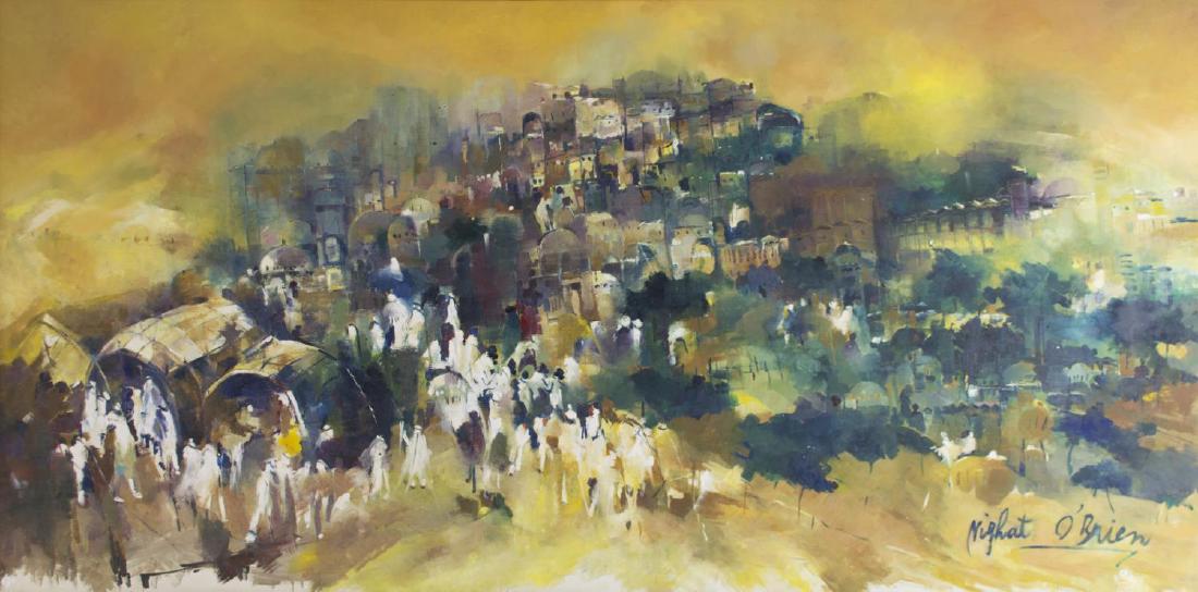 LARGE OIL ON BOARD, PROCESSIONAL FIGURES, SIGNED (1 of 4)