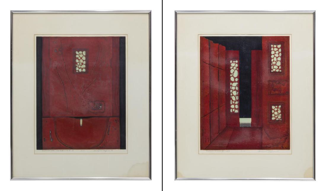 (2) FRAMED JAPANESE SIGNED RED WOODBLOCKS, 1979 (1 of 7)