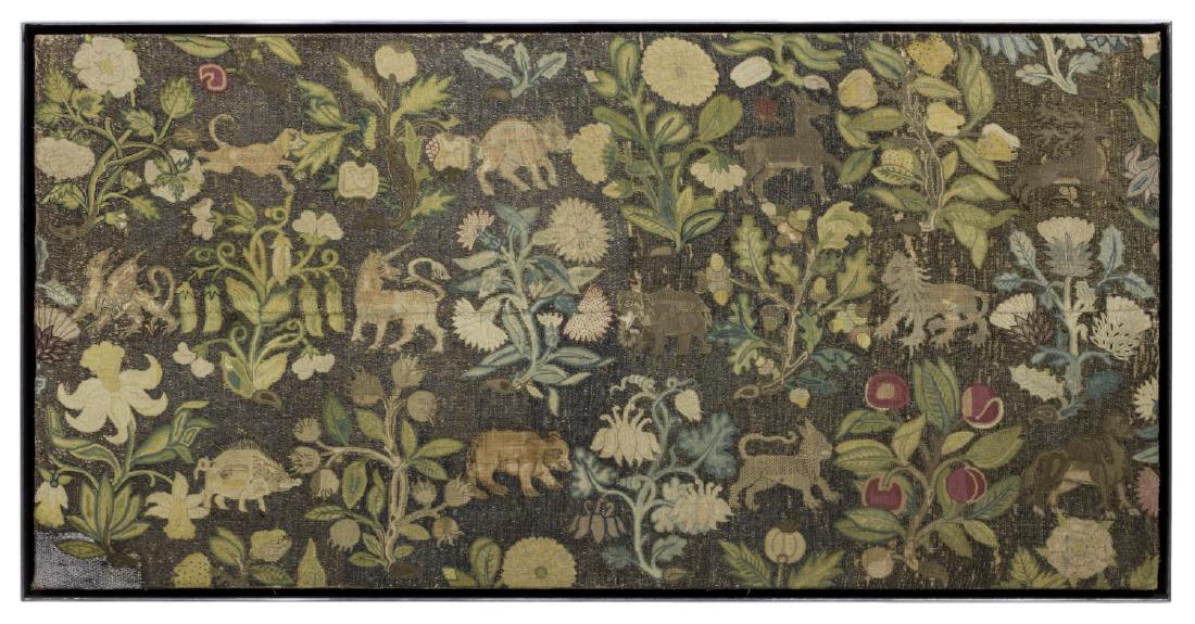 ENGLISH FLOWER & ANIMAL EMBROIDERY PANEL, 18TH C (1 of 10)