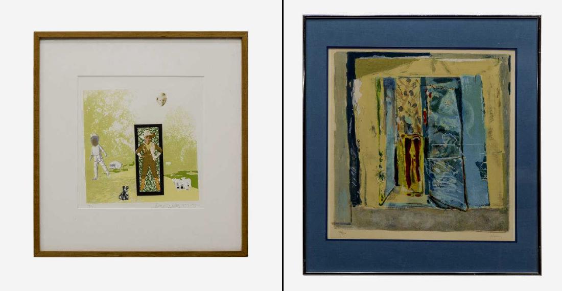 (2) FRAMED COLOR PRINTS, ROGER WINTER & P. LEVEN: (lot of 2) Framed color prints, comprising: (1) screenprint, "Outskirts #4, Cowboy's Dream", 1972-1973, numbered 9/22, retaining ARCO collection label verso, 10"h, 9.75"w, overall: 19.75"h, 18.75"w; (
