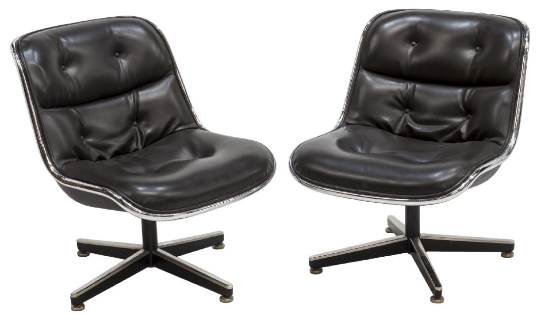 (2) CHARLES POLLOCK FOR KNOLL LOUNGE CHAIRS: (lot of 2) Modern tilting swivel lounge chairs, design by Charles Pollock for Knoll, dark buttoned upholstery with polished aluminum tubular frame rising on quadripartite base, retaining Knoll tags at