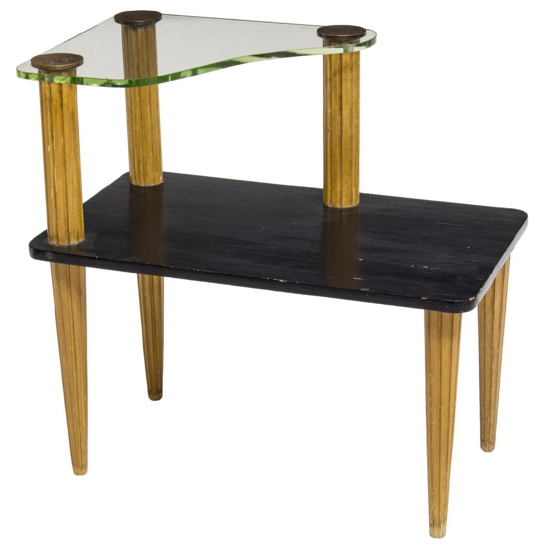 MID-CENTURY MODERN HERMAN MILLER SIDE TABLE: Mid-century modern side table, 1950's design by Gilbert Rhode for Herman Miller, a shaped glass top over a black rectangular shelf, all rising on tapered ribbed supports, 27.5"h, 28"w, 16"d Start Pric