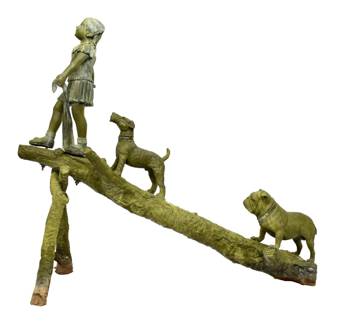 BRONZE STATUE, LIFESIZE CHILD, DOGS PLAYING ON LOG (1 of 7)