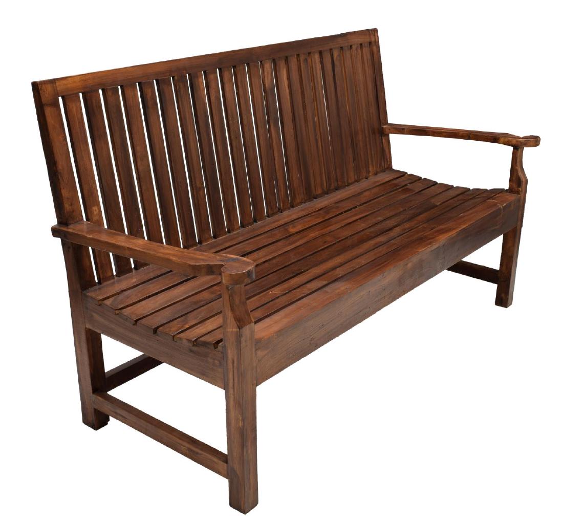 COLONIAL STYLE TEAK SLAT BACK OPEN ARM BENCH (1 of 2)