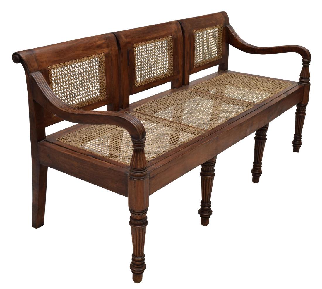 BRITISH COLONIAL STYLE WOOD & CANED 3-SEAT BENCH (1 of 2)