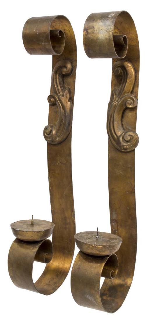 (2) LARGE GILT METAL CANDLE WALL SCONCES, MEXICO (1 of 3)