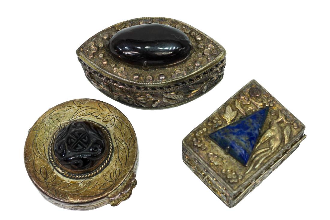 (3) STONE ACCENTED ENGRAVED CHINESE SILVER BOXES (1 of 6)