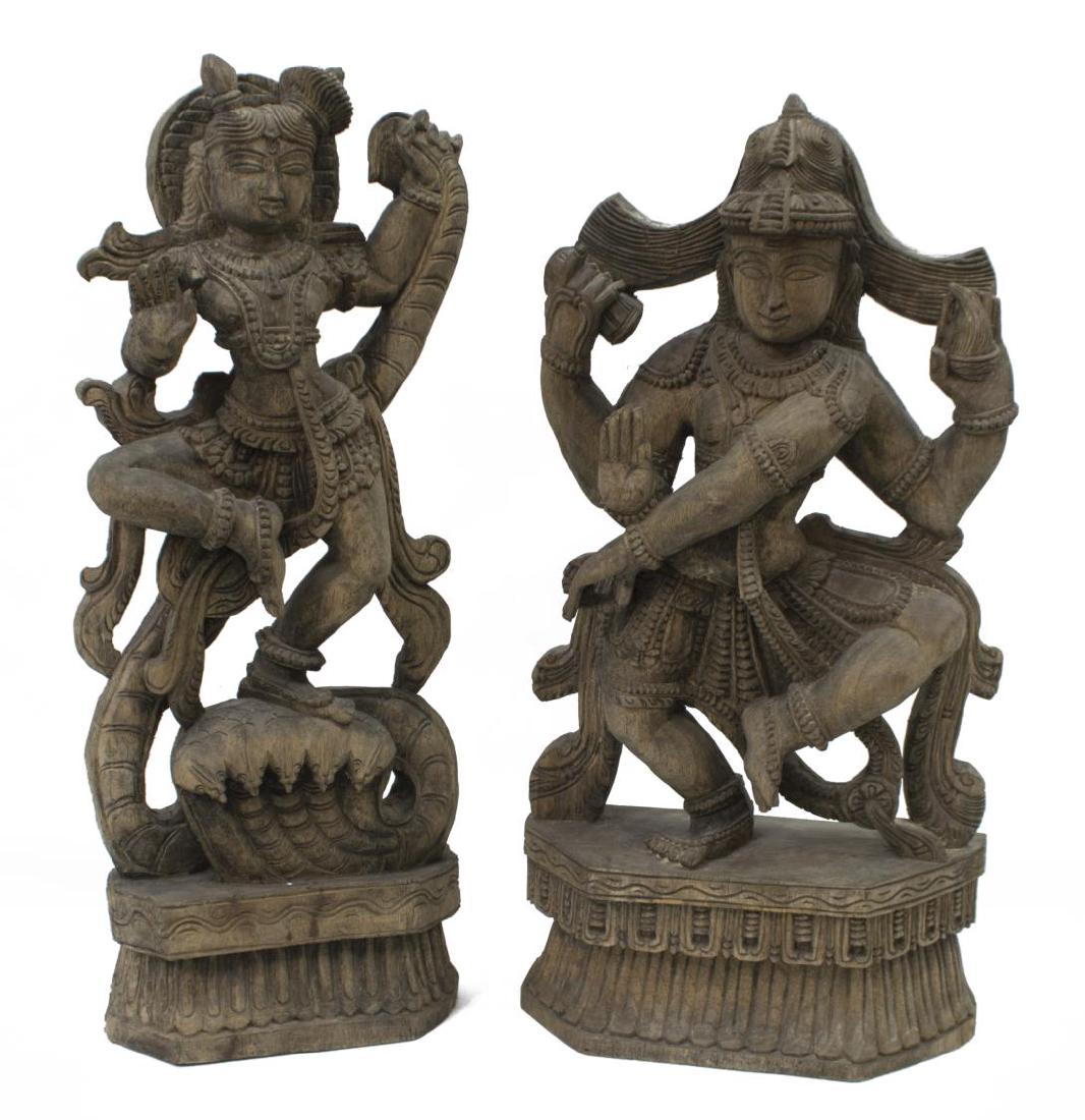(2) INDIAN CARVED WOOD HINDU DEITY STATUES (1 of 5)