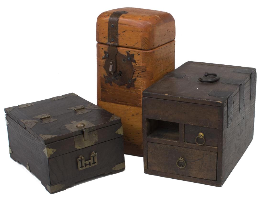 (3) COLLECTION ANTIQUE WOOD BOXES, JAPAN & MEXICO: (lot of 3) Collection of wood boxes, including: (1) antique Japanese rosewood vanity box, having folding standing mirror, over single drawer with pierced metal pull, approx 5"h, 7.5"w, 9.75"d; (1) ant