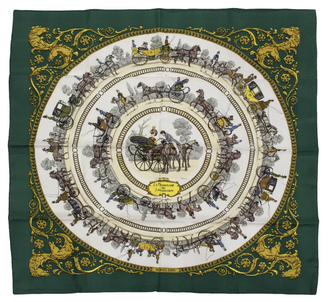 HERMES 'PROMENADE DE LONGCHAMPS' SILK SCARF LEDOUX: Hermes silk twill scarf, "Promenade de Longchamps", designed by Phillipe Ledoux, 1965, in greens, tans, blacks, and yellows, accompanied by box, 35"sq, 0.5lbs Start Price: $100.00