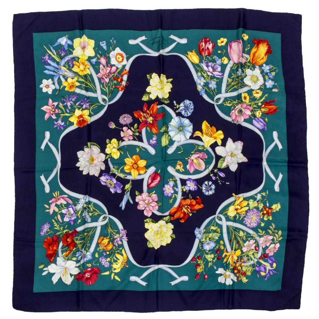 GUCCI SILK TWILL SCARF, NAVY FLORAL PATTERN (1 of 2)