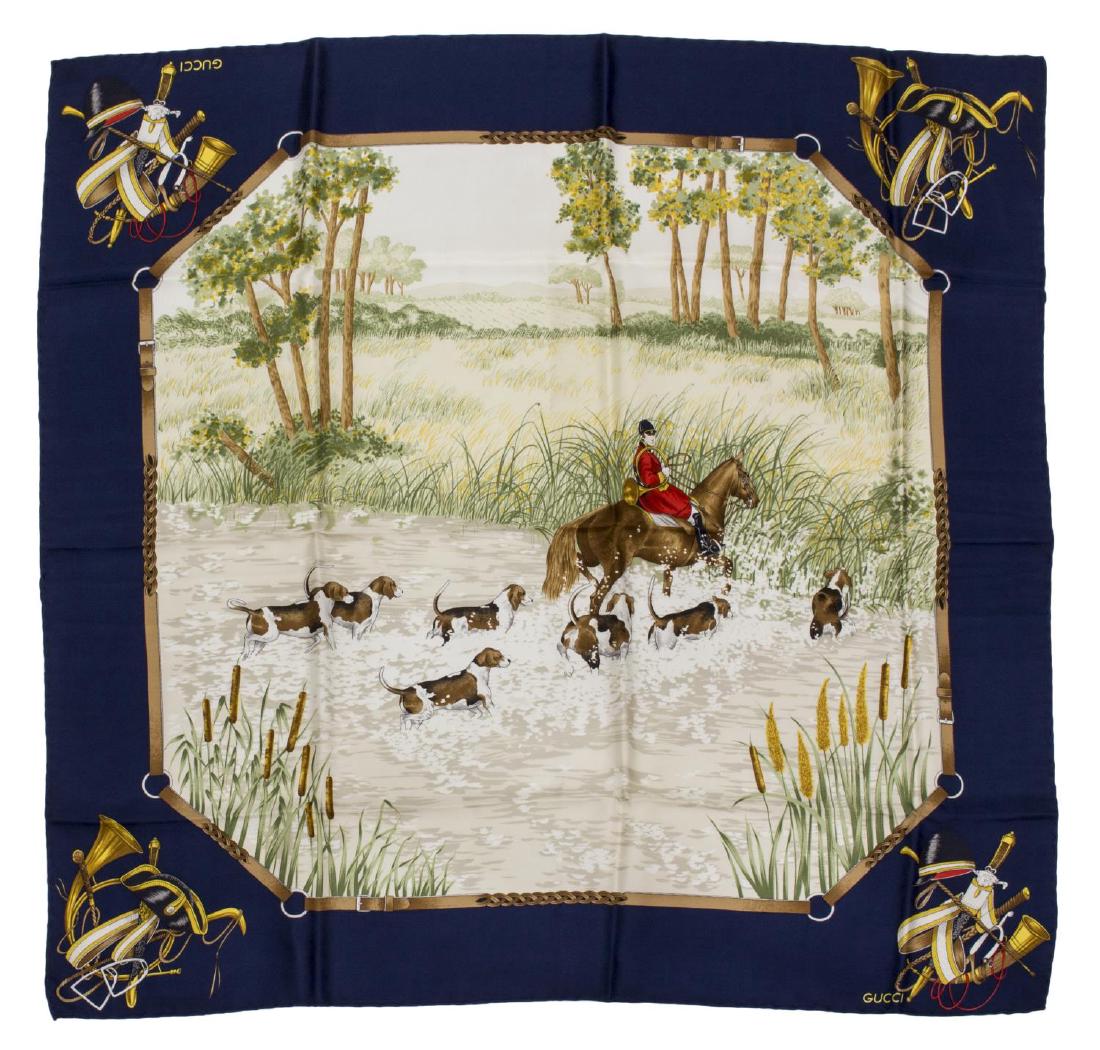 GUCCI SILK TWILL SCARF FOX HUNTING SCENE, NAVY (1 of 2)