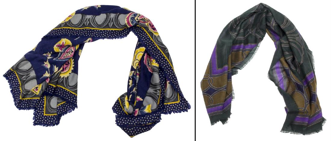 2) TIFFANY & CO WOVEN WOOL SCARVES, PALOMA PICASSO: (lot of 2) Tiffany and Co woven wool scarves, comprising: (1) Paloma Picasso scarf, 53"sq; (1) floral scarf, c. 1986, 54"sq, 0.75lbs Start Price: $80.00