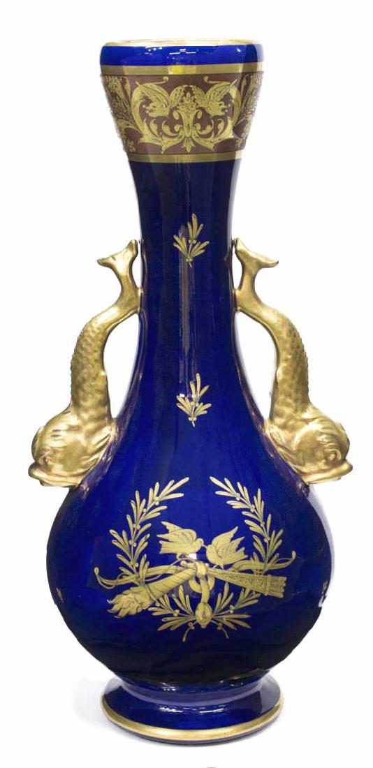 FRENCH BLUE & GILT PORCELAIN VASE, DOLPHIN HANDLES (1 of 5)