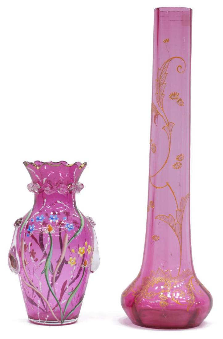 (2) MOSER CRANBERRY ENAMELED GLASS VASES (1 of 6)