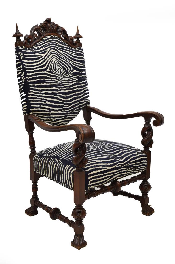 MAHOGANY ZEBRA PATTERN UPHOLSTERED ARM CHAIR (1 of 2)