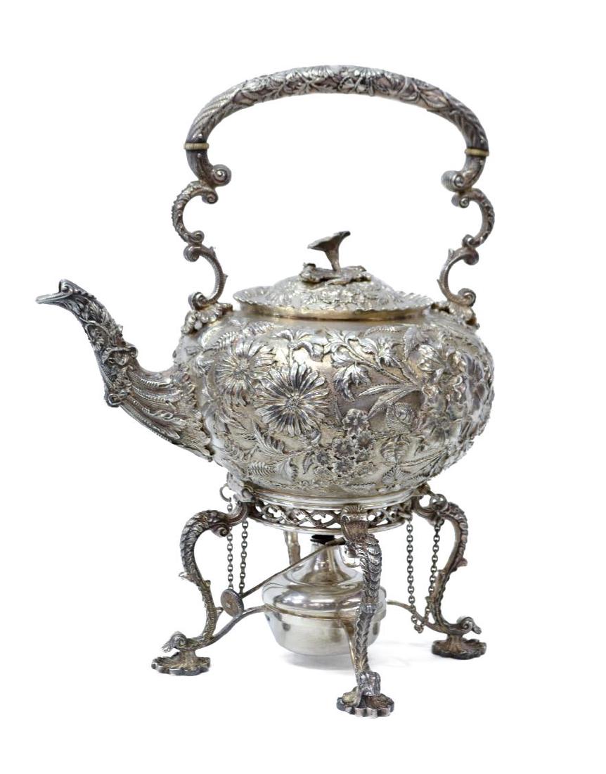 S KIRK & SON REPOUSSE .925 TEAPOT KETTLE ON STAND: S. Kirk & Son Repousse full hand chased sterling silver teapot kettle on stand, having a scrolling handle with bone rings, over hinged lid surmounted by flower finial, over sterling stand, rising on f