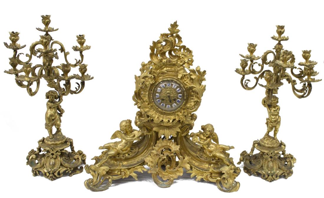 FRENCH LOUIS XV BRONZE DORE GARNITURE CLOCK SET (1 of 6)