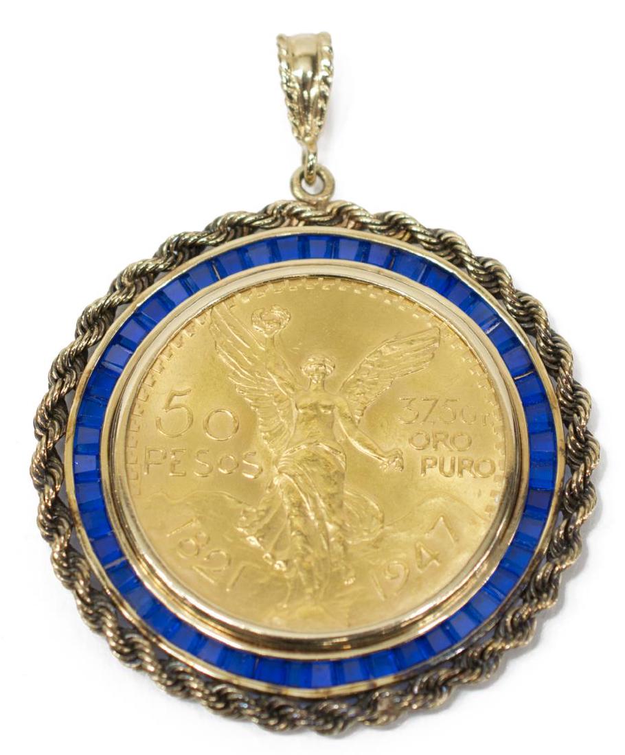 MEXICAN 50 PESOS GOLD COIN & SAPPHIRE PENDANT (1 of 3)