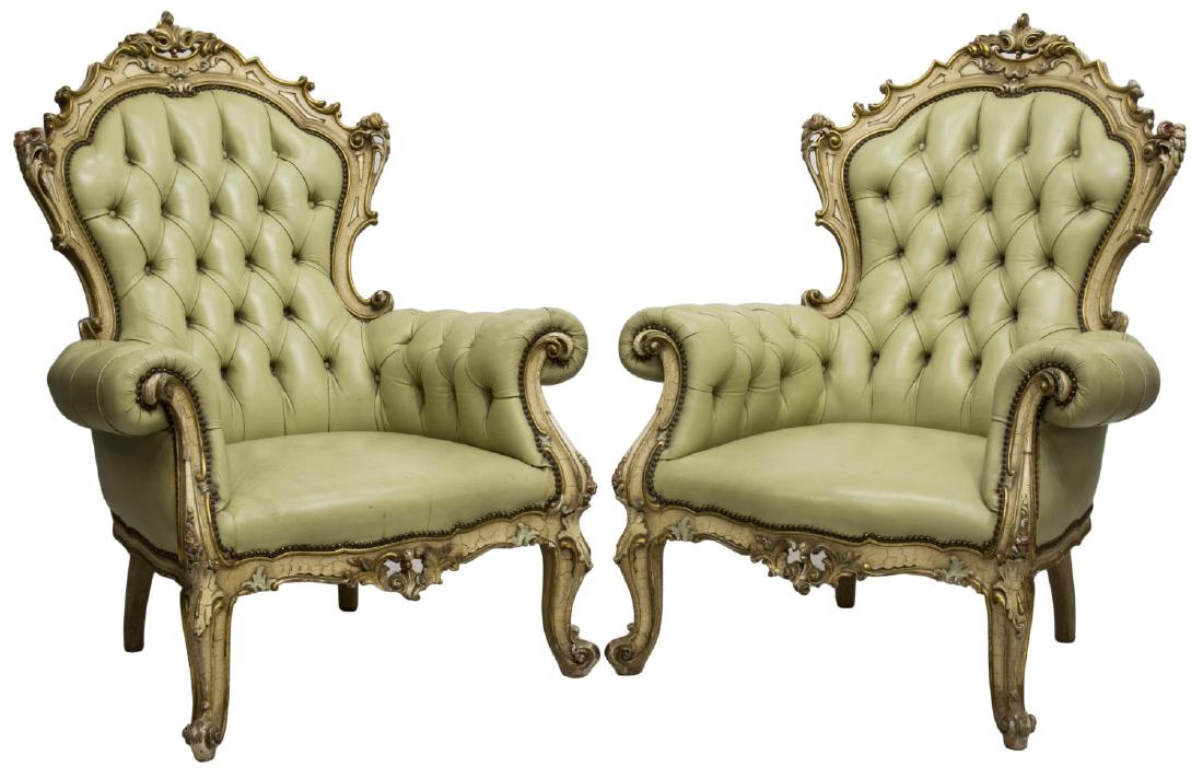 (2) ITALIAN BAROQUE STYLE GREEN LEATHER ARMCHAIRS (1 of 2)