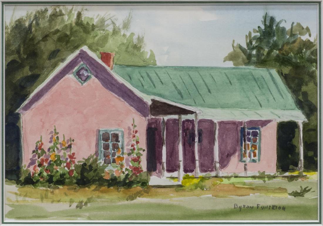 BYRON FULLERTON (TEXAS, 1929-2011) WATERCOLOR: Framed watercolor, Pink House, signed lower righ Byron Fullerton (Texas, 1929 - 2011), sight: 5.5"h, 7.75"w, overall: 10.75"h, 12.25"w