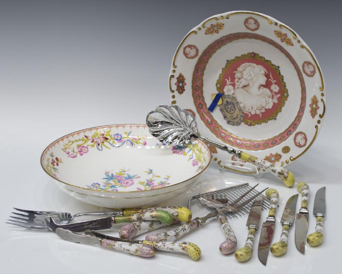 (15) PORCELAIN HANDLE FLATWARE & BOWLS, MINTON: (lot of 15) Porcelain flatware and center bowls, including: (13) stainless steal and porcelain handled serving pieces and knives, A. E. Lewis & Company, "Floraine", in yellow, pink, and green, (five) 