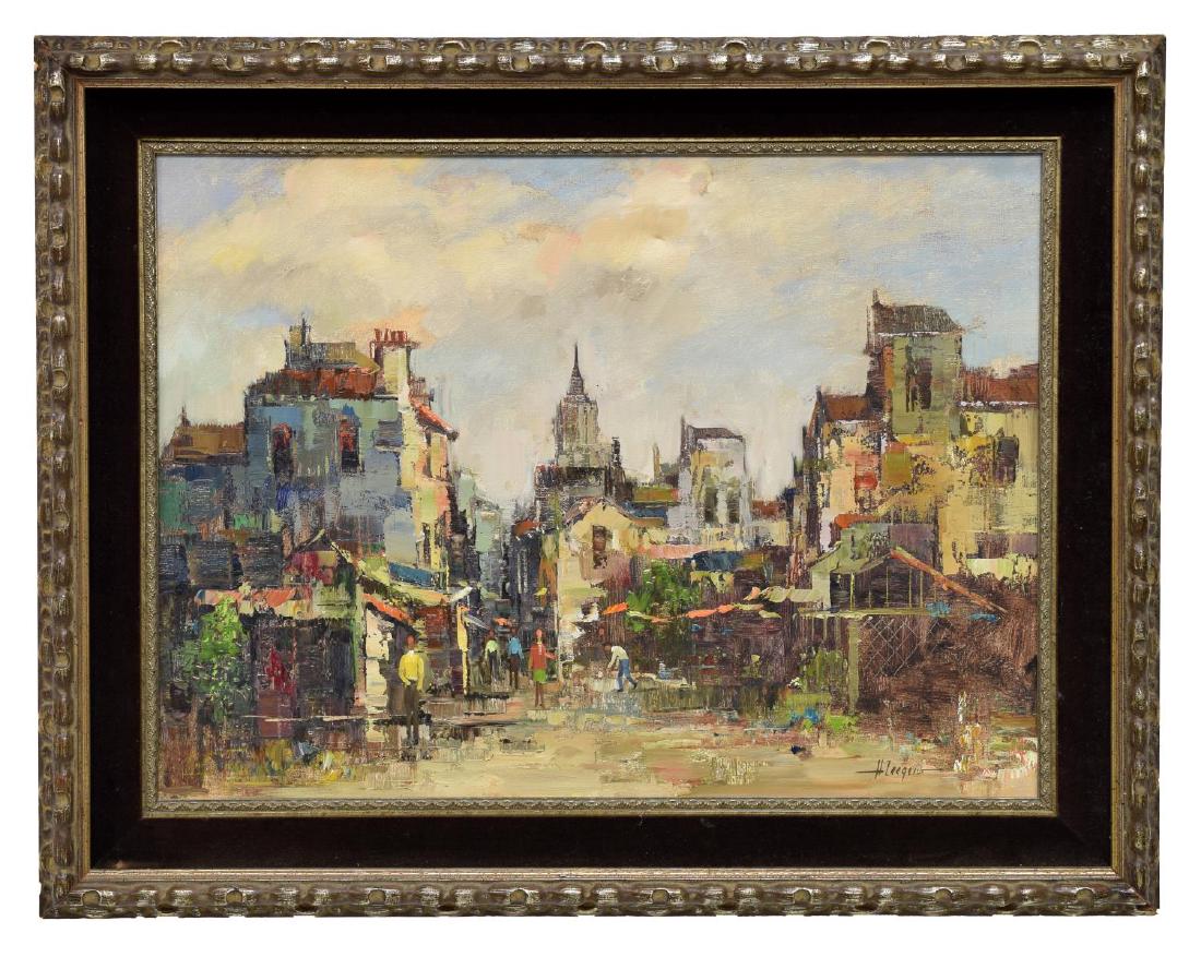 HARRY ZEEGERS (DUTCH, b1929) EX LBJ RANCH PAINTING: Framed oil painting on canvas, City Street Scene signed lower right H. Zeegers (Harry Zeegers, Dutch, b. 1949), tag of Country Store Gallery, Austin at verso, paint loss, indentation upper center, sig
