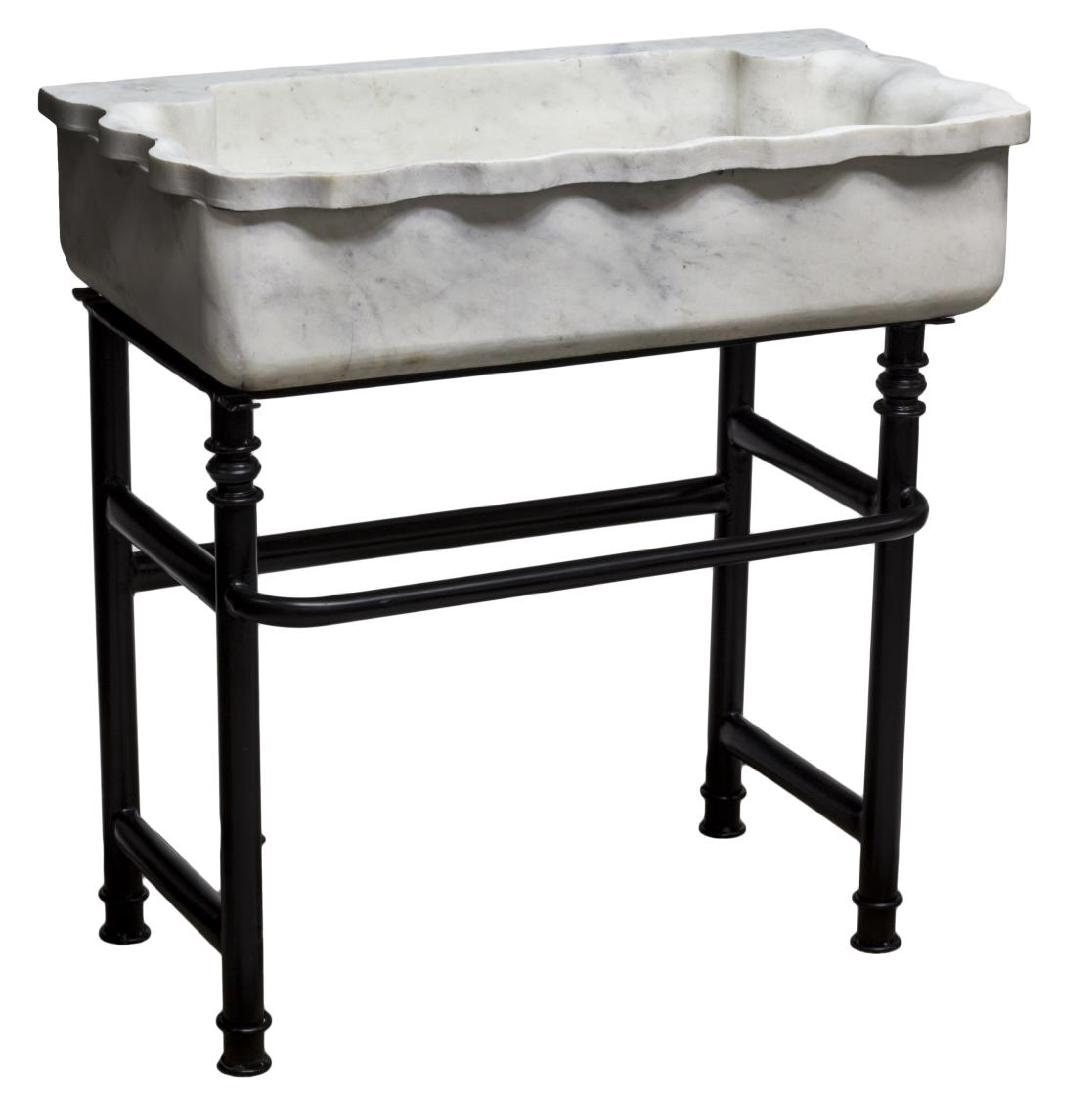 CARVED MARBLE SINK ON BLACK WROUGHT IRON STAND (1 of 3)