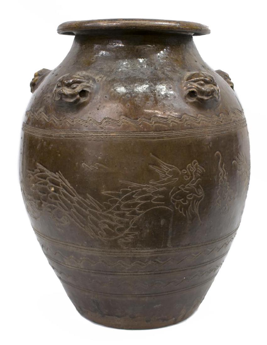 LARGE GLAZED CERAMIC INCISED DRAGON MOTIF JAR (1 of 4)