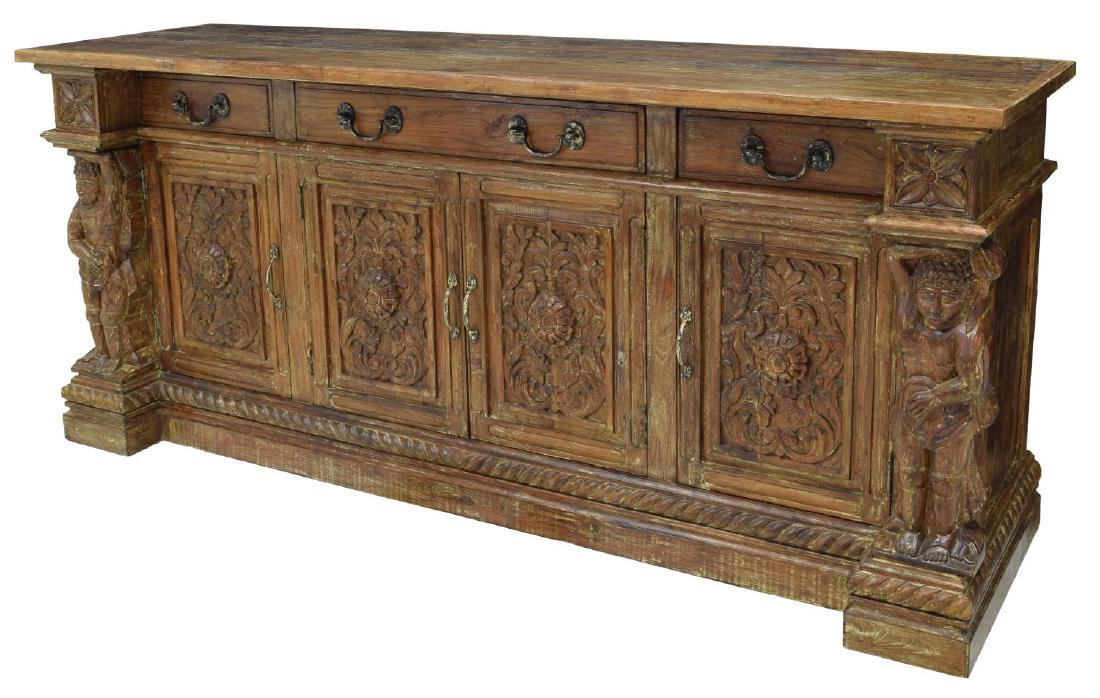BRITISH COLONIAL STYLE CARVED TEAK SIDEBOARD (1 of 6)