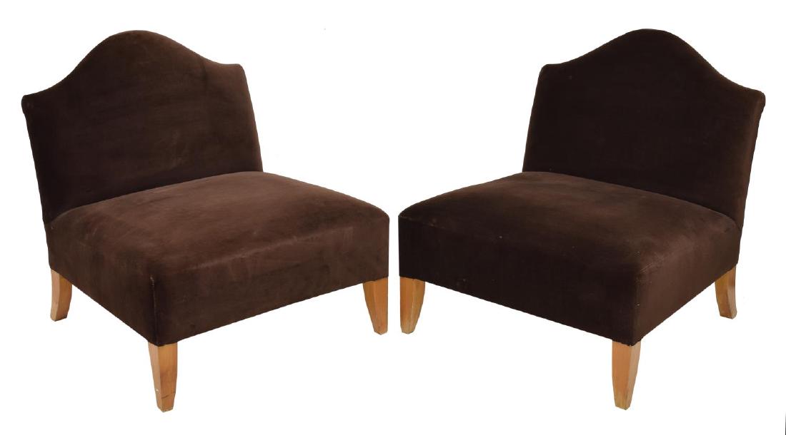 (2) ESTUDIO METRO BARCELONA MODERN CHAIRS: (lot of 2) Modern chairs in dark brown upholstery, Estudio Metro, Barcelona, on light color angled wood legs, 35.75"h, 32"w, 34"d ** Provenance: purchased directly from Estudio Metro in Spain by consi