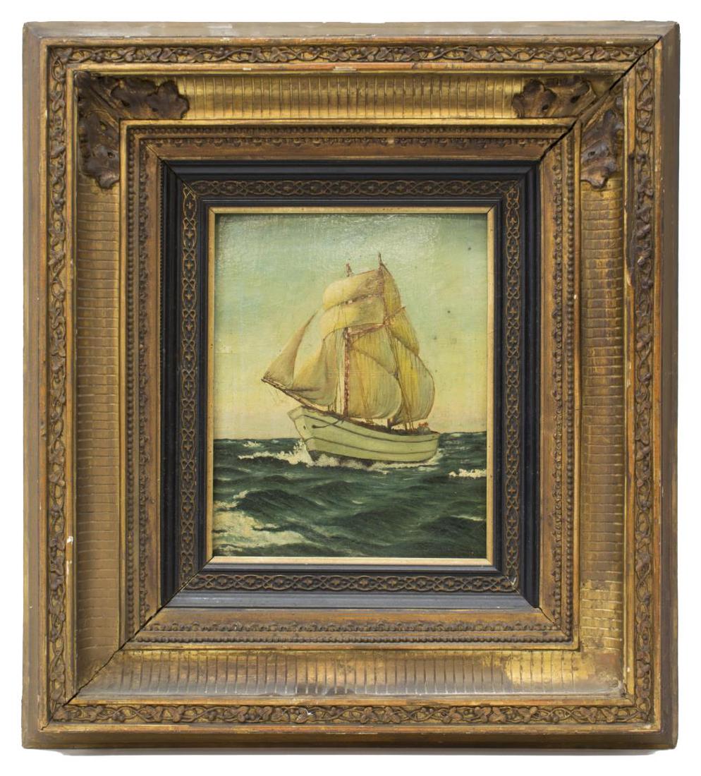 FRAMED OIL ON CARDBOARD, SAIL BOAT SEASCAPE: Framed oil on cardboard (hardbound book cover), Seascape with Sail Boat, unsigned (20th c.), sight: 10"h, 8"w, overall: 21"h, 19"w, 7lbs Start Price: $80.00