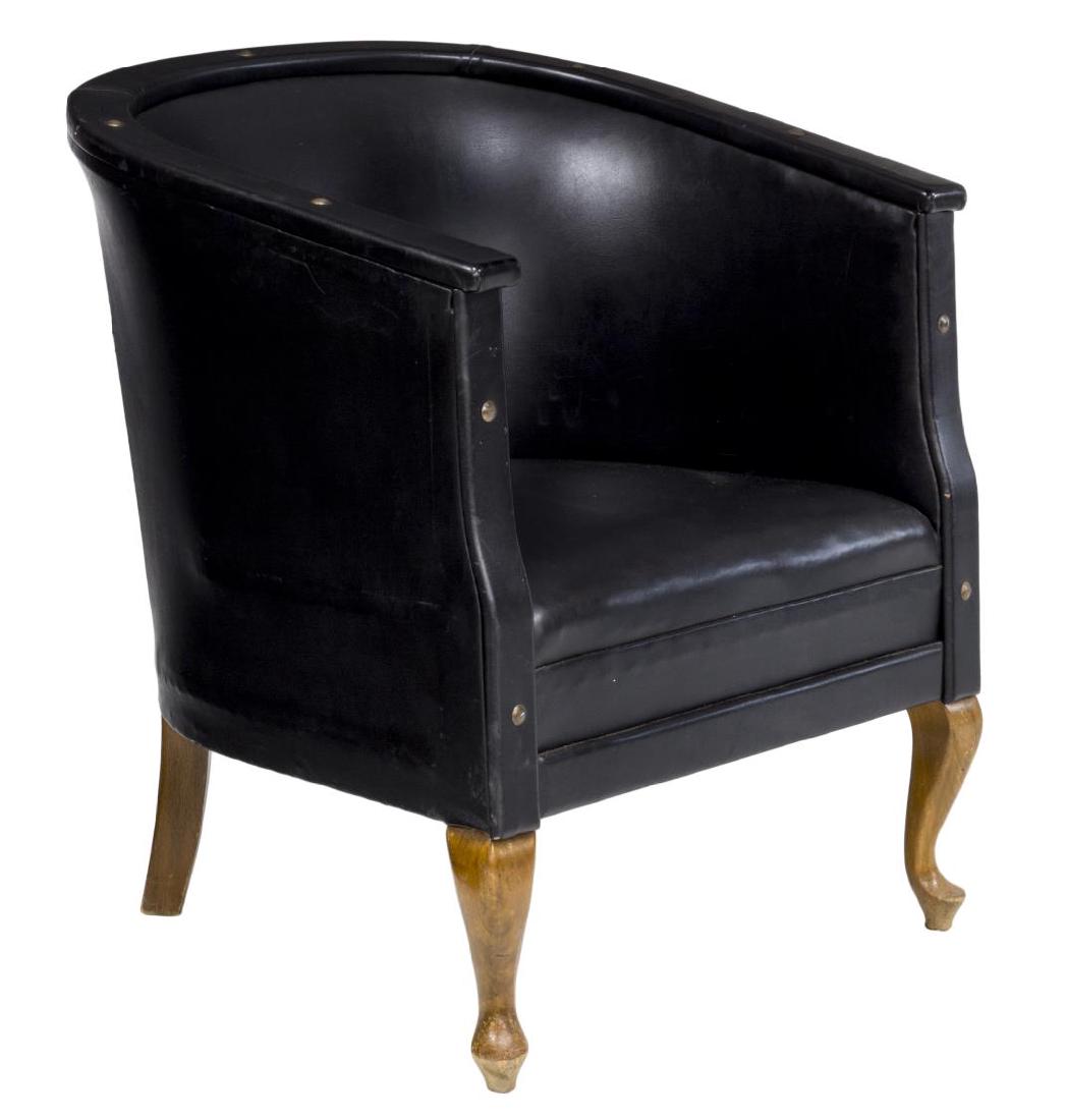 DANISH BLACK LEATHER LOUNGE ARMCHAIR: Danish black leather lounge armchair, the curved back over straight arms, nail head detailing, rising on wood cabriole legs, tear to back, approx 29.75"h, 25.5"w, 26"d Start Price: $100.00