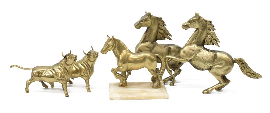 (5) DECORATIVE BRASS HORSES & BULLS: (lot of 5) Brass animals, (2) marching horses, each with visible seam, one open at back, (1) horse on onyx base, (2) bulls, some spotting, pitting, onyx with some small chips, largest: 10"h, 18.25.bs 