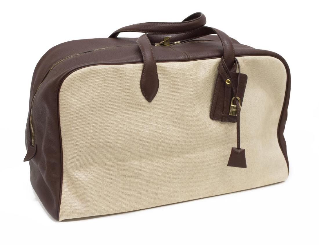 HERMES BROWN LEATHER & CANVAS VICTORIA TRAVEL BAG (1 of 7)