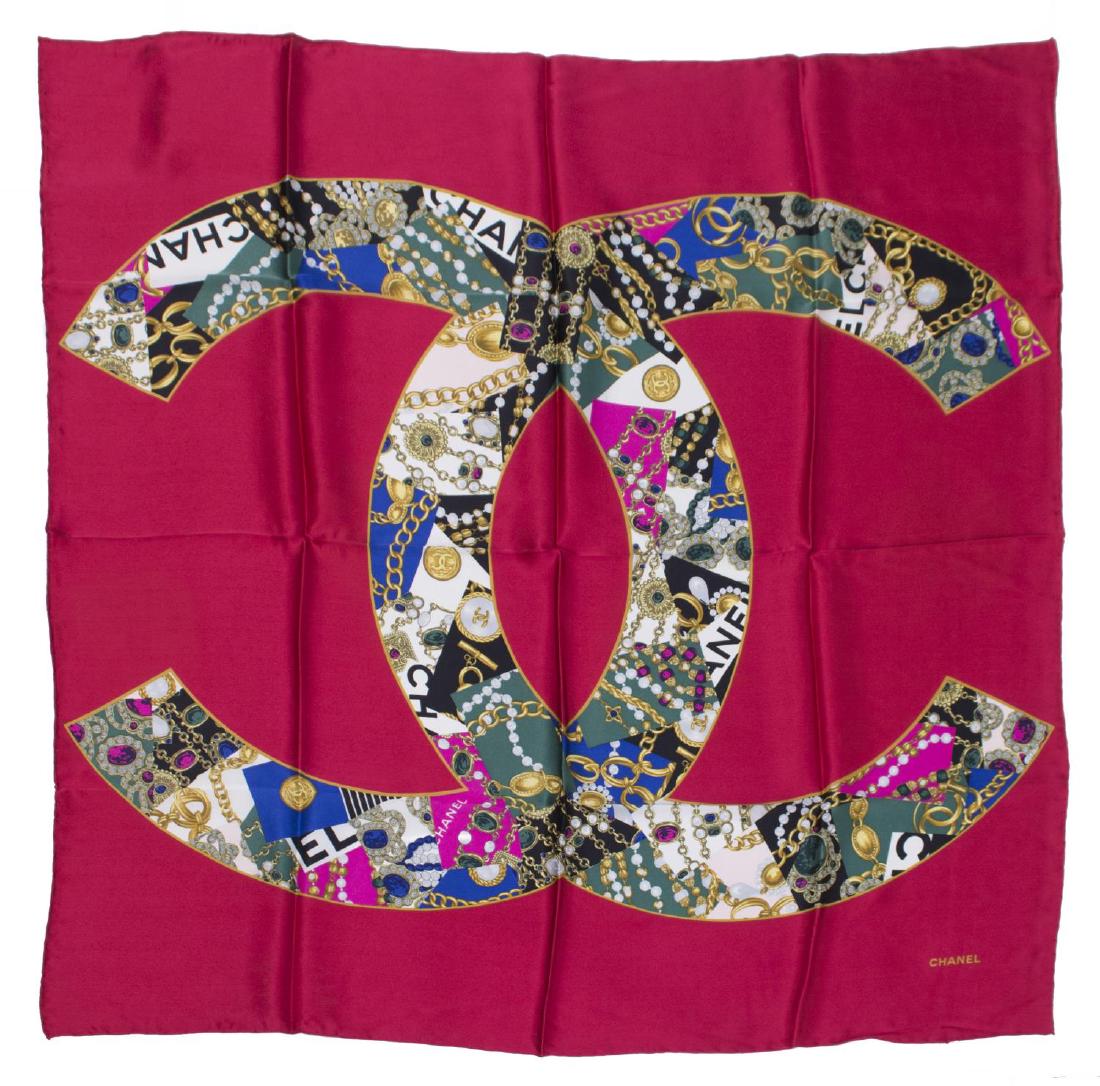 CHANEL RED & MULTI-COLOR CC LOGO SILK SQUARE SCARF (1 of 3)
