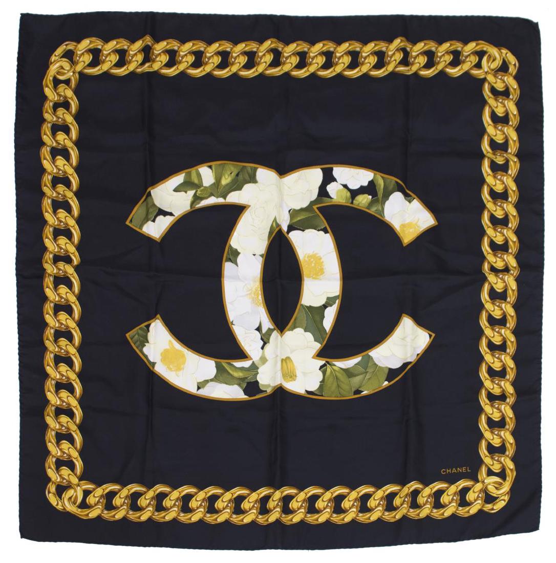 CHANEL FLORAL & CHAINLINK CC LOGO TWILL SILK SCARF (1 of 3)