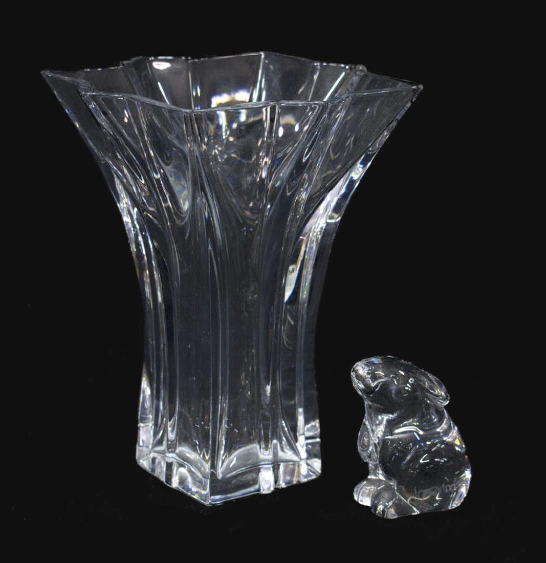 (2) BACCARAT CLEAR ART GLASS GROUP, VASE & RABBIT: (lot of 2) Baccarat clear art glass group, comprising: (1) "Bouquet" vase, having a squared rim over tapered body, marked underfoot, 8"h, 6.25"w; (1) rabbit form paperweight, signed at lower right, ac